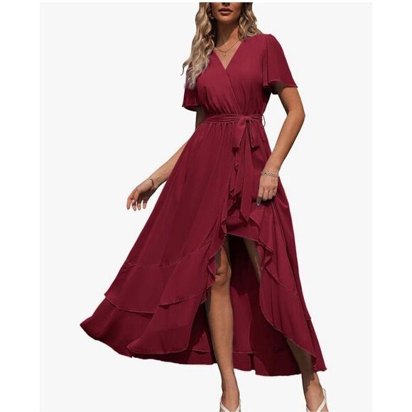 NEW Chiffon Wrap Formal Maxi Ruffle Flowy Dress w/ Belt XL - Picture 1 of 6
